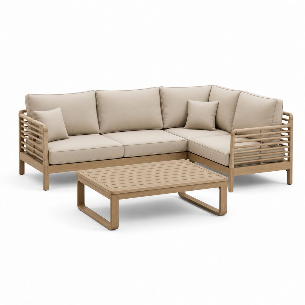 Set divano angolare da giardino con tavolino beige in legno massello di acacia 220 x 160 x 78 cm