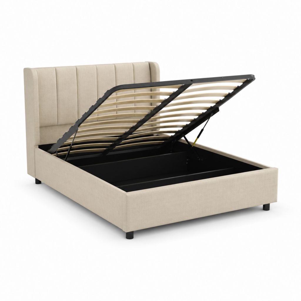 Letto contenitore matrimoniale beige in poliestere con rete a doghe 160 x 200 cm