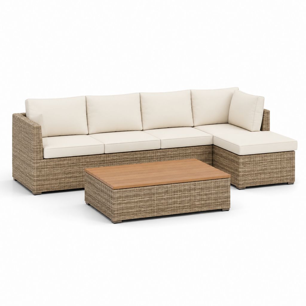 Set divano da giardino angolare 4 posti con tavolino beige in rattan PE e alluminio 230 x 160 x 68 cm