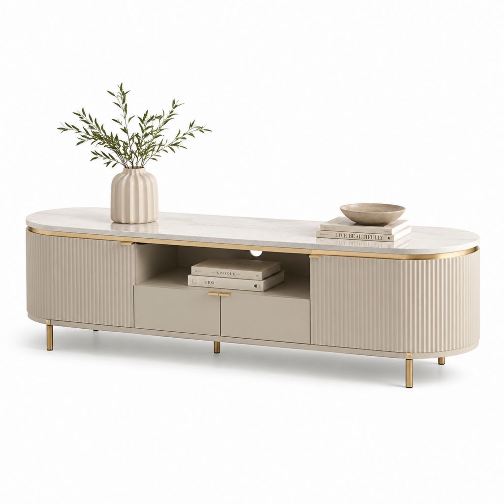 Mobile TV basso beige con piano effetto marmo e gambe dorate 180 x 40 x 50 cm