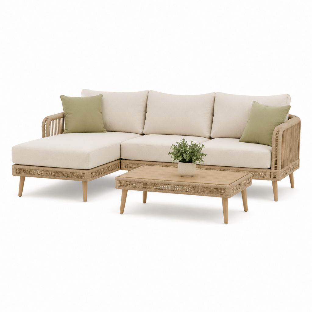 Set divano angolare da giardino 3 posti con tavolino beige e verde in rattan PE 270 x 160 x 75 cm