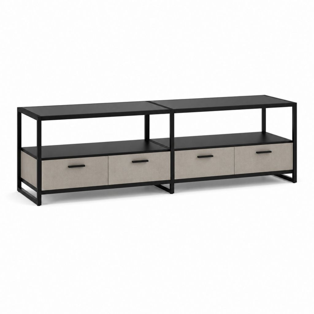 Mobile TV set 2 moduli nero e grigio cemento in acciaio e MDF rettangolare 240 x 40 x 65 cm con 4 cassetti