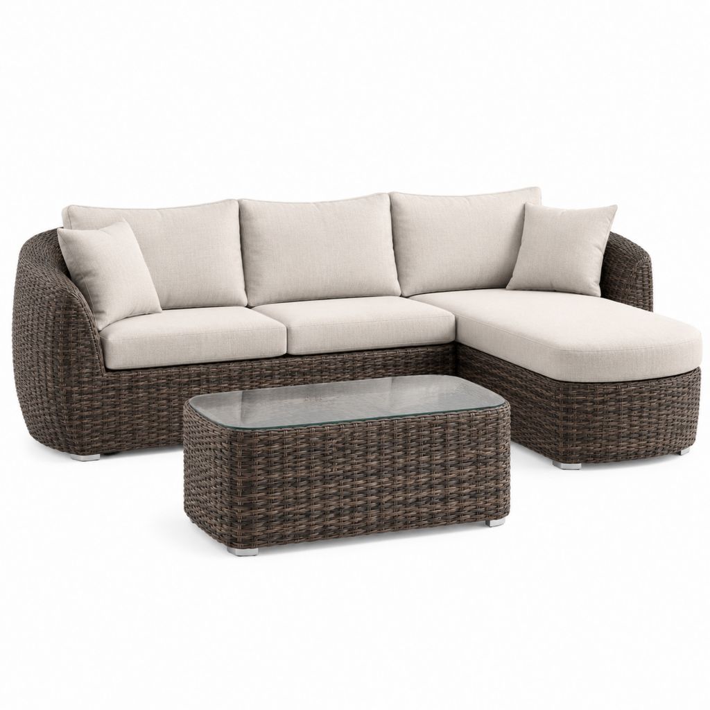 Set divano angolare da giardino con chaise longue e tavolino marrone in rattan PE 230 x 150 x 85 cm