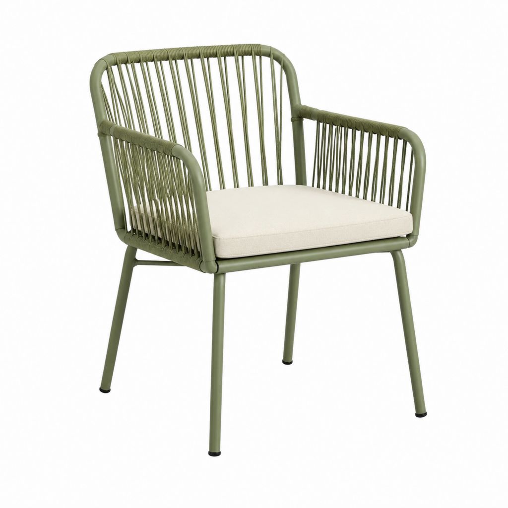 Poltrona da giardino verde oliva in acciaio con corda intrecciata e cuscino beige 58 x 59 x 80 cm