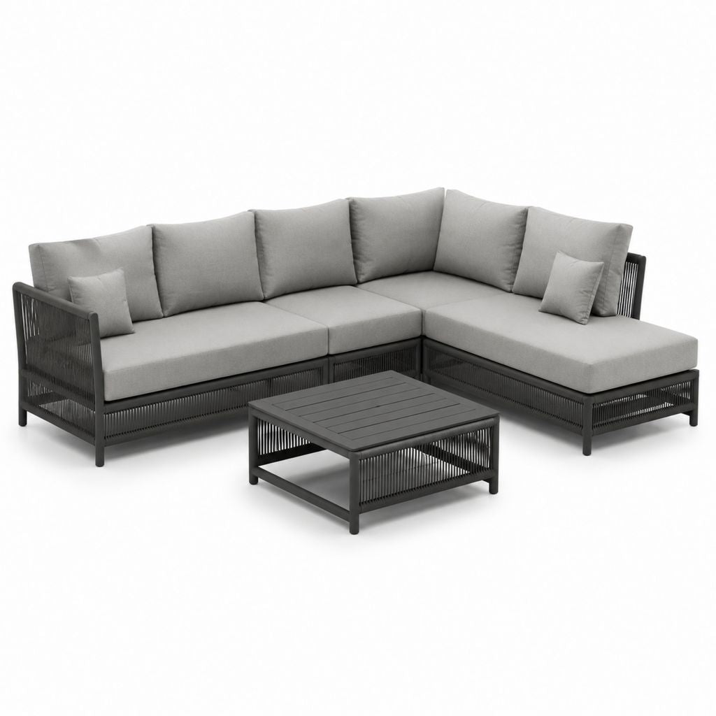 Set divano da giardino angolare grigio in alluminio e corda sintetica con tavolino 250 x 180 cm