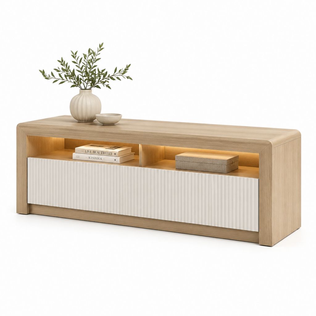 Mobile TV rettangolare rovere chiaro e bianco in MDF 160 x 40 x 55 cm con vani e anta scanalata