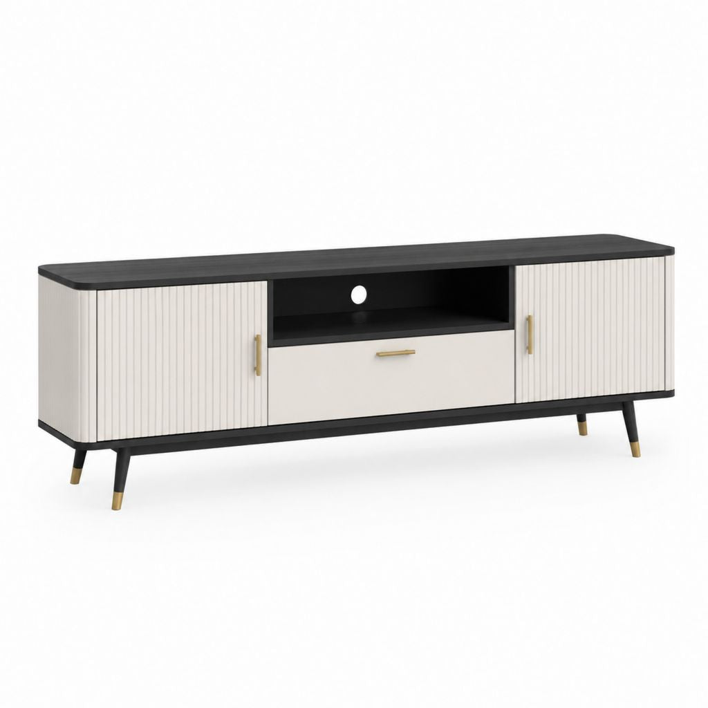 Mobile TV bianco e nero in MDF rettangolare con 2 ante 1 cassetto e vano cavi 180 x 40 x 60 cm