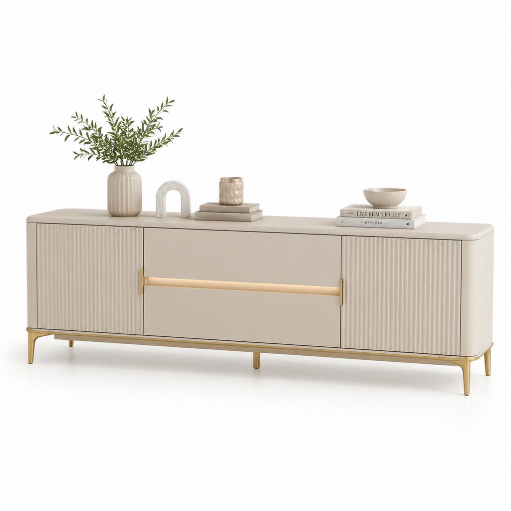 Mobile TV basso beige in MDF laccato rettangolare con 4 ante 180 x 40 x 60 cm