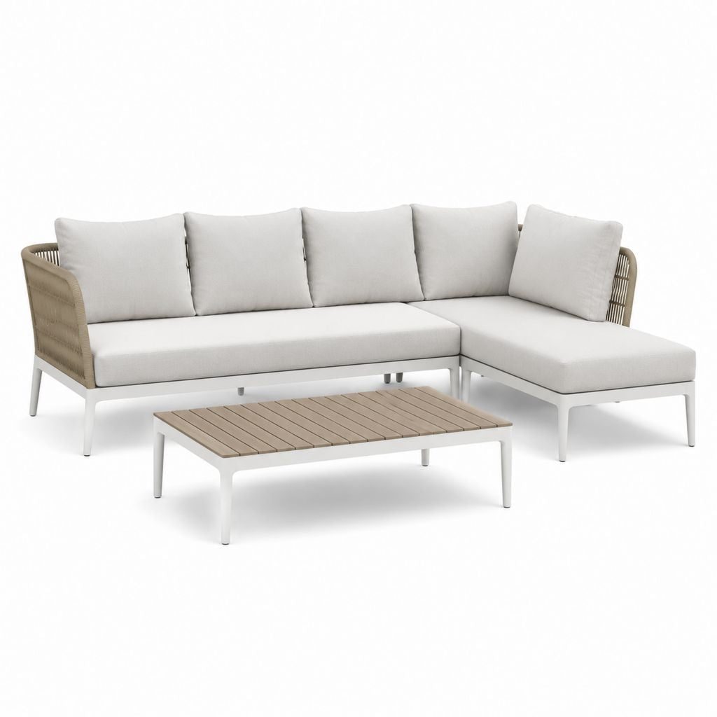 Set divano da giardino angolare 3 pezzi beige e bianco in alluminio e corda in polipropilene 250 x 160 x 75 cm