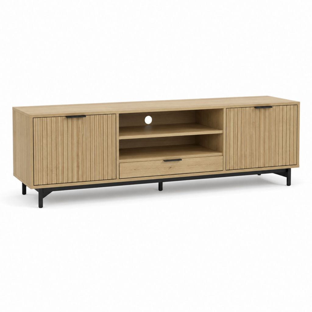Mobile TV rettangolare in MDF impiallacciato rovere con ante scanalate e cassetto 180 x 40 x 55 cm