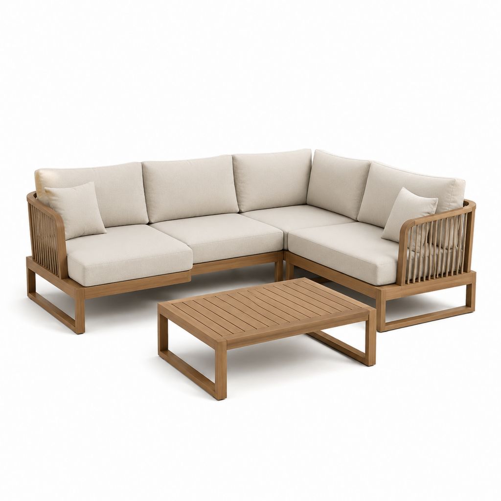 Set divano angolare da giardino 5 posti beige in legno massello di acacia con tavolino 250 x 250 cm