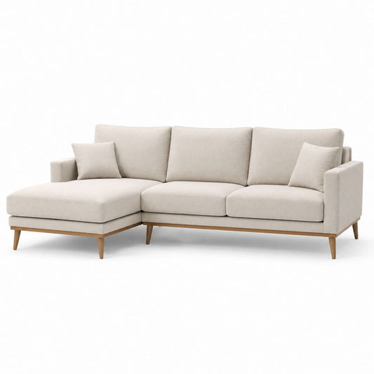 Divano angolare con chaise longue sinistra beige in poliestere e legno massello 250 x 155 x 85 cm