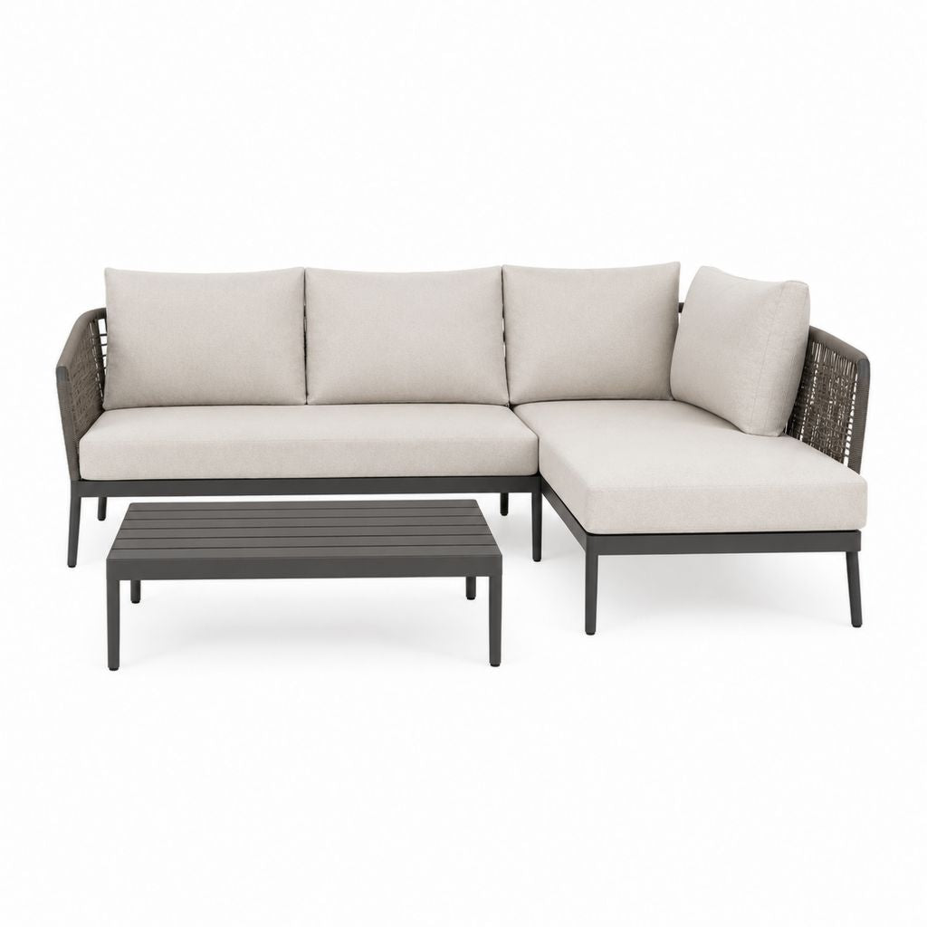 Set salotto da giardino angolare 3 posti beige e antracite in alluminio con tavolino 220 x 150 x 65 cm