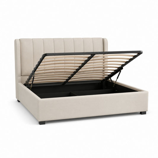 Letto contenitore matrimoniale beige in poliestere rettangolare con rete a doghe 160 x 200 cm