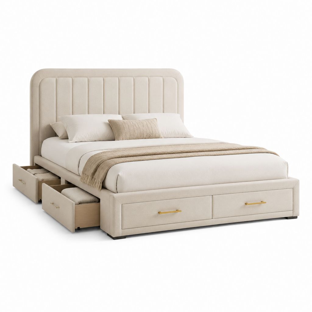 Letto contenitore matrimoniale con 4 cassetti beige in poliestere 160 x 200 cm