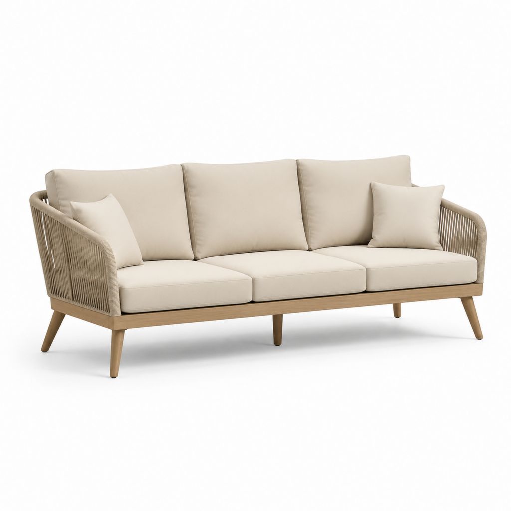 Divano da giardino 3 posti beige in legno massello di acacia e corda PP 220 x 82 x 78 cm