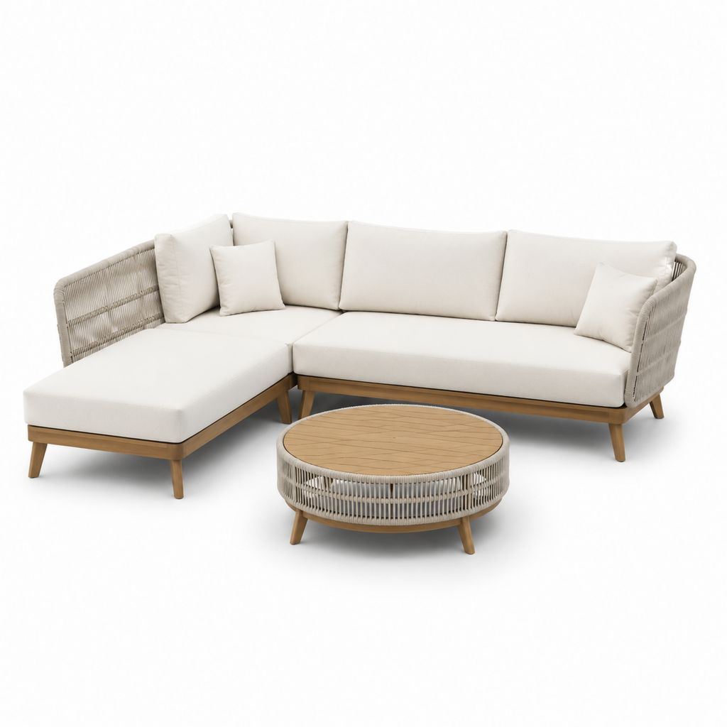 Set divano da giardino angolare con chaise longue e tavolino rotondo beige in legno massello e corda PP 250 x 160 x 75 cm