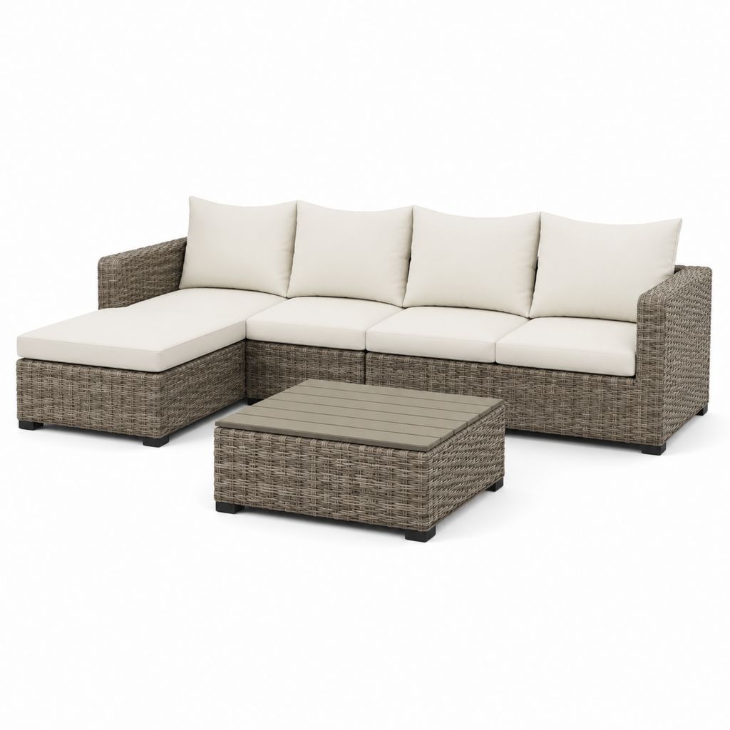 Set divano angolare da giardino con tavolino grigio in rattan PE e acciaio 250 x 190 x 65 cm