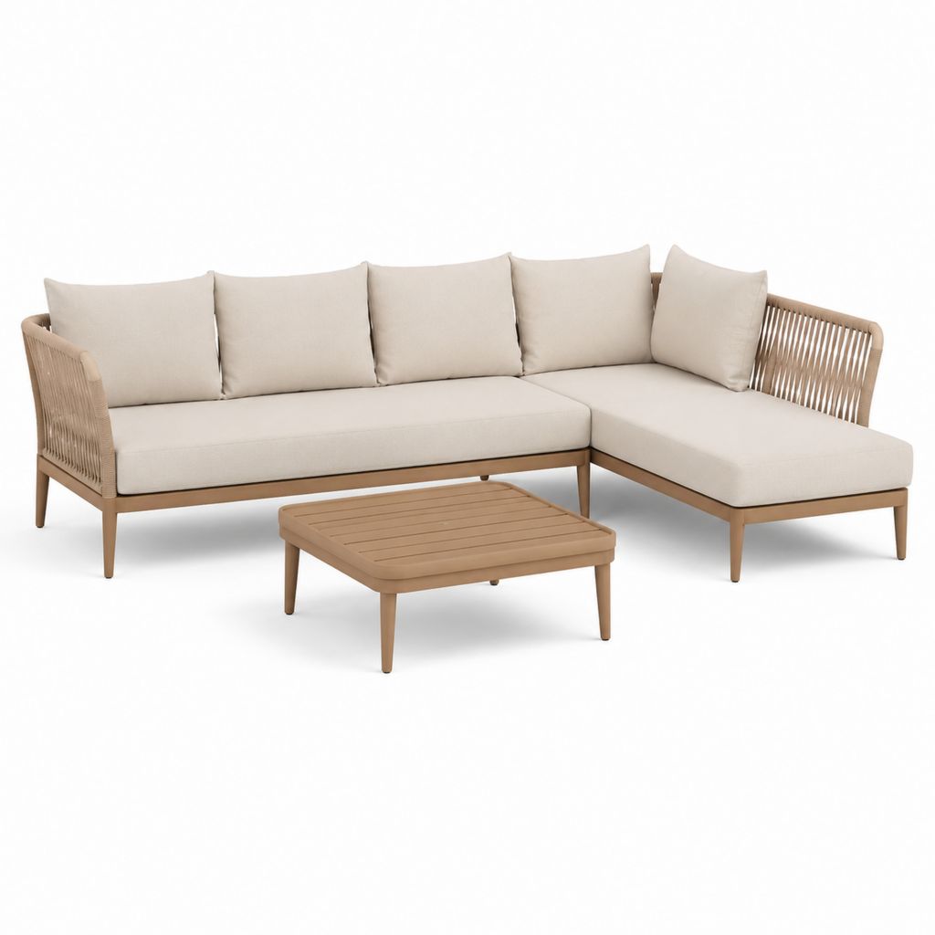 Set divano angolare da giardino 4 posti beige in alluminio e corda sintetica con tavolino 250 x 160 x 75 cm