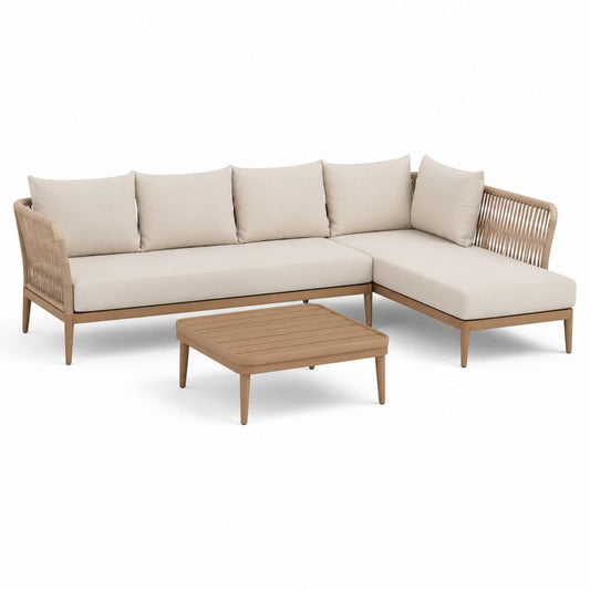 Set divano angolare da giardino 4 posti beige in alluminio e corda sintetica con tavolino 250 x 160 x 75 cm
