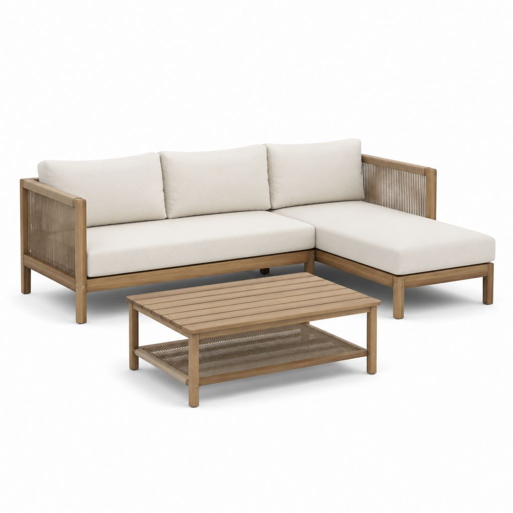 Set divano da giardino angolare con tavolino beige e marrone in legno massello di acacia e corda 200 x 145 x 68 cm