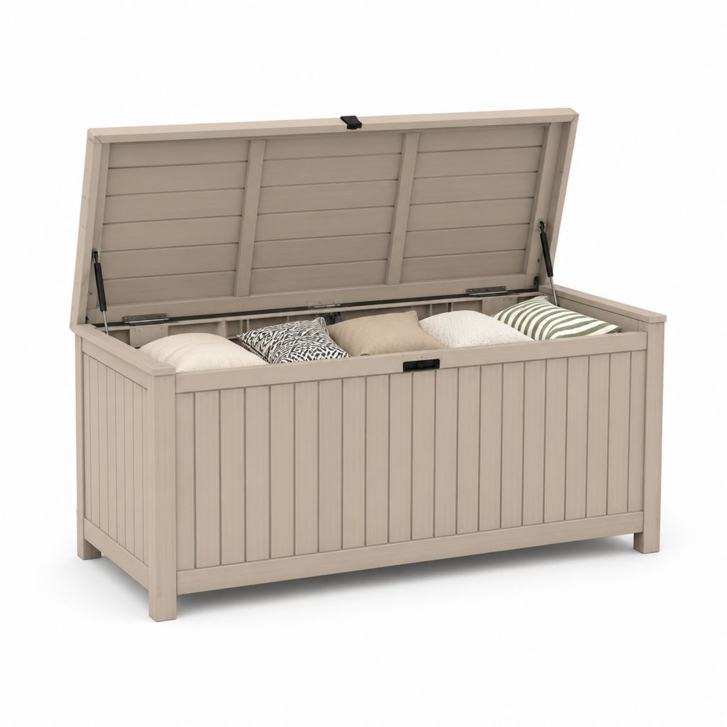 Baule da giardino rettangolare in polipropilene beige con coperchio sollevabile 155 x 72 x 70 cm 570 L