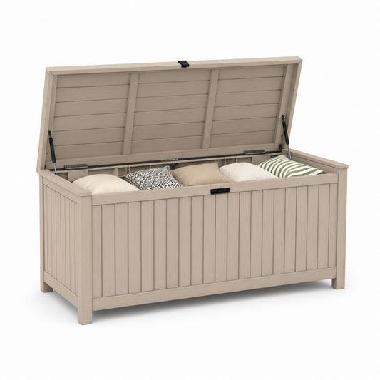 Baule da giardino rettangolare in polipropilene beige con coperchio sollevabile 155 x 72 x 70 cm 570 L