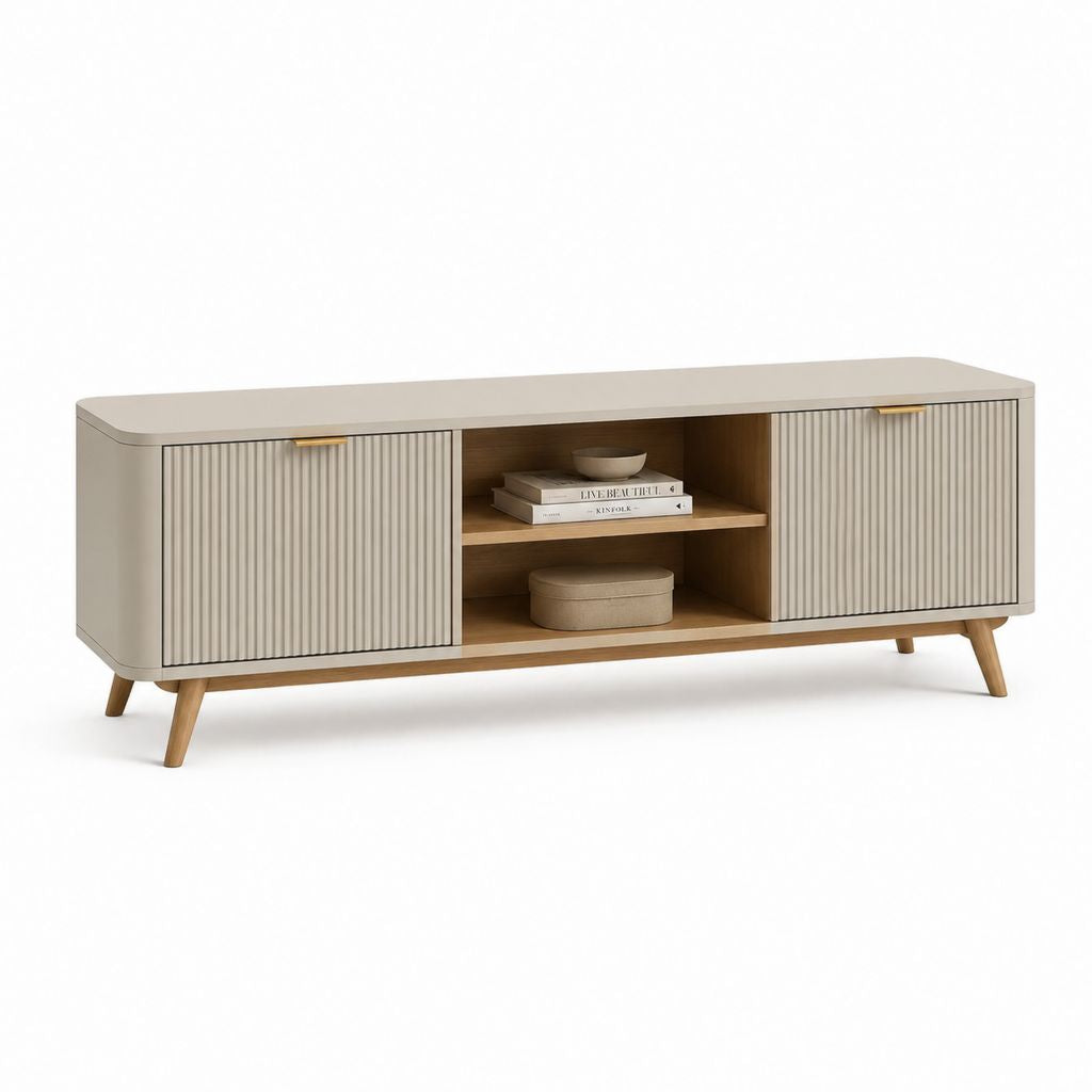 Mobile TV 180 cm beige in MDF con ante scanalate e vani aperti