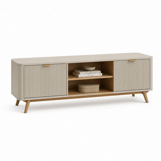 Mobile TV 180 cm beige in MDF con ante scanalate e vani aperti