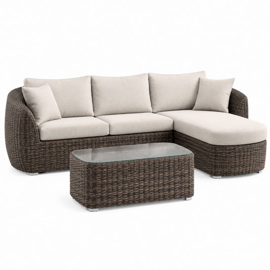 Set divano angolare da giardino con chaise longue e tavolino marrone in rattan PE 230 x 150 x 85 cm