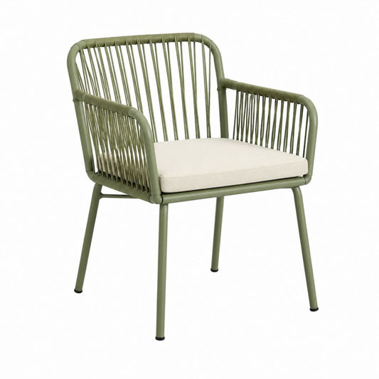Poltrona da giardino verde oliva in acciaio con corda intrecciata e cuscino beige 58 x 59 x 80 cm