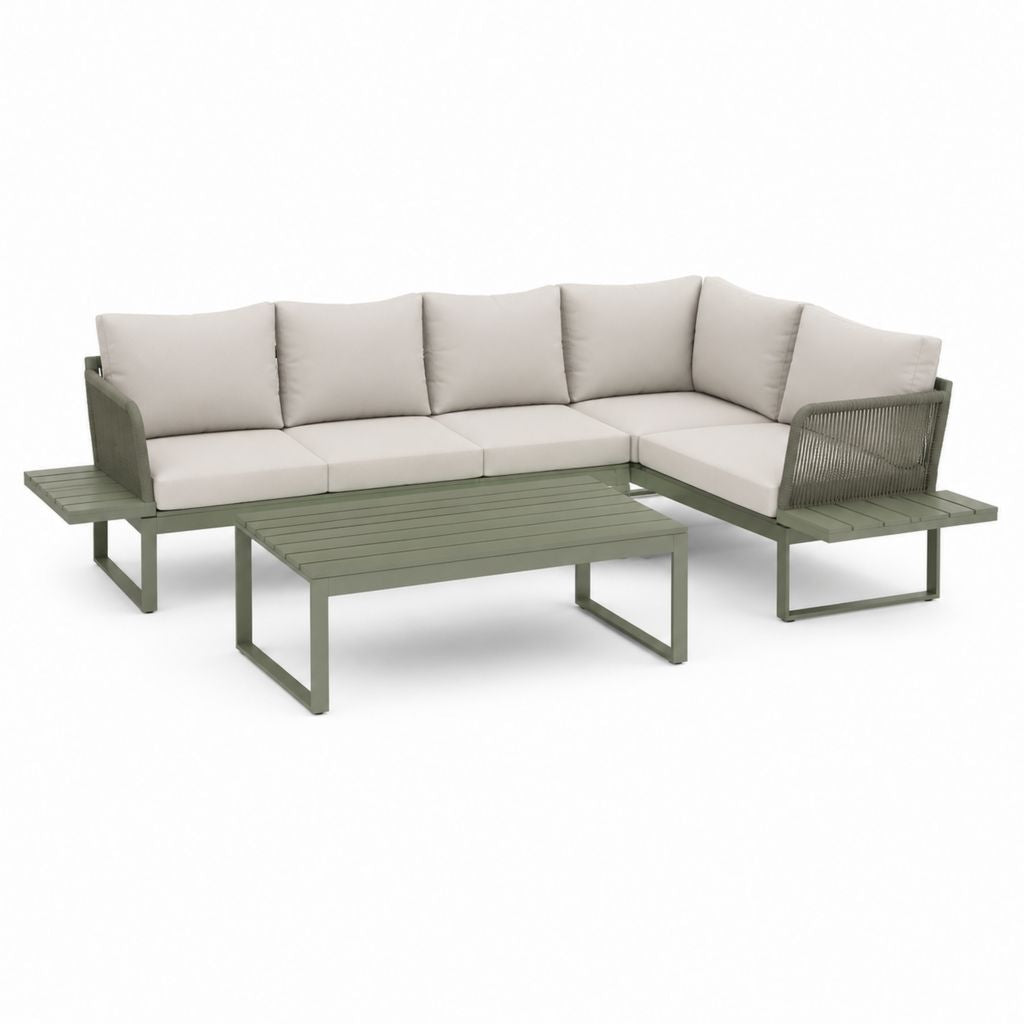 Set divano da giardino angolare 5 posti verde oliva in alluminio con cuscini beige e tavolino 290 x 220 cm