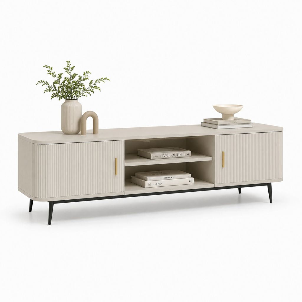 Mobile TV basso crema in MDF con ante scanalate 180 x 40 x 55 cm