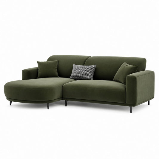 Divano angolare con chaise longue verde oliva in poliestere effetto velluto 230 x 150 x 85 cm