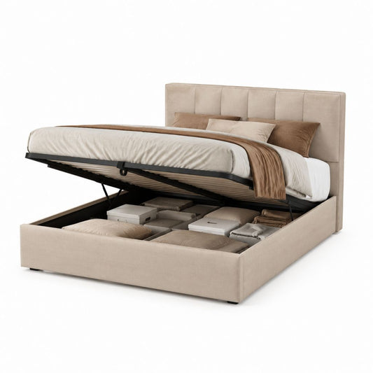Letto contenitore matrimoniale beige in poliestere con testiera imbottita 160 x 200 cm