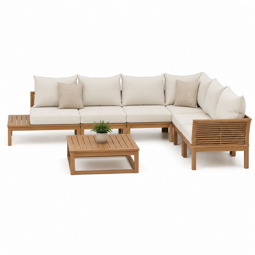 Set divano da giardino angolare 4 posti in legno massello di acacia beige con tavolino 300 x 220 x 65 cm