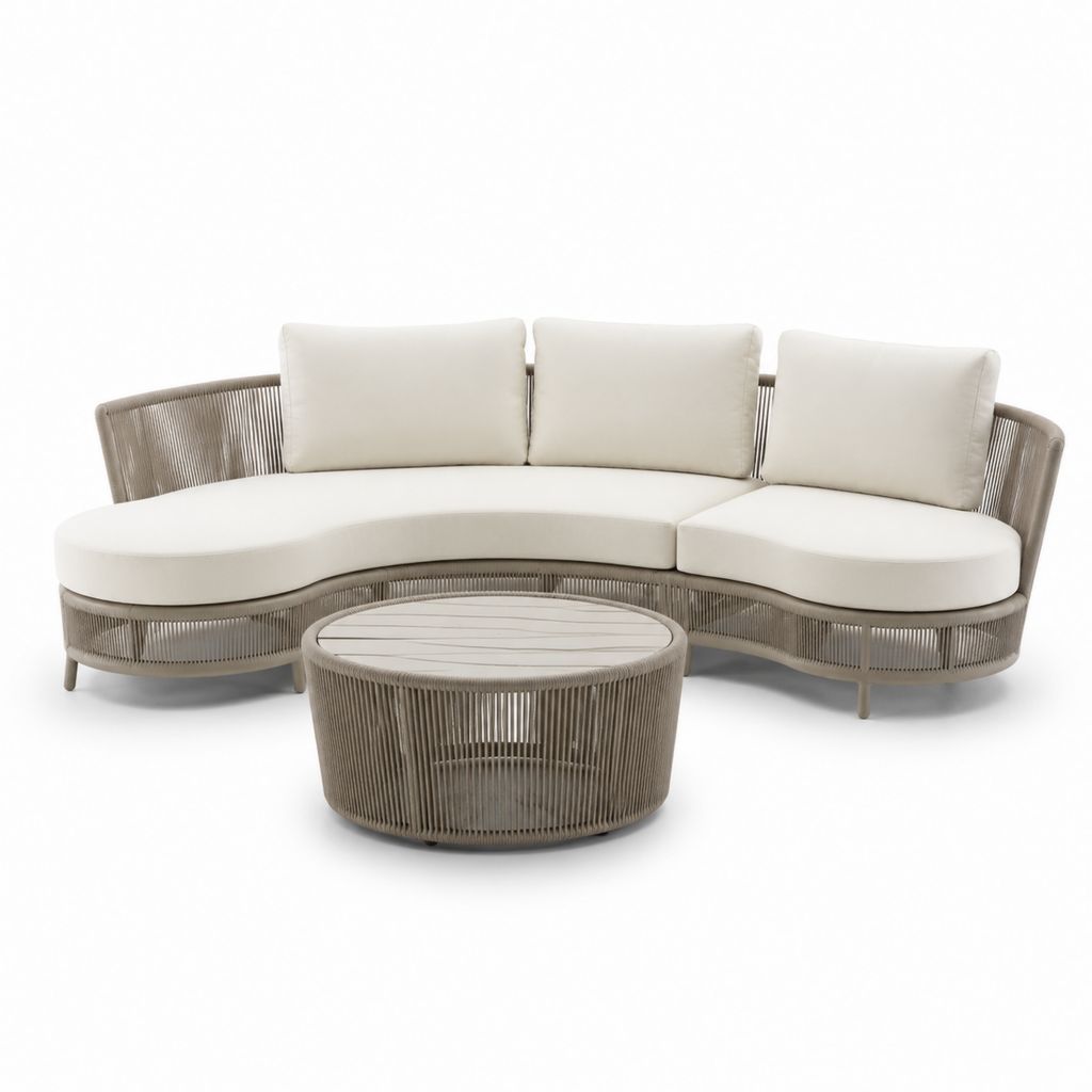 Set divano da giardino curvo 3 posti con tavolino beige e tortora in alluminio e corda sintetica 230 x 105 x 78 cm