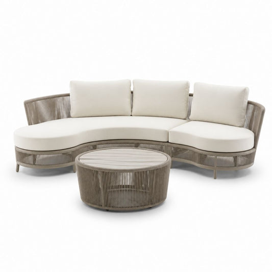 Set divano da giardino curvo 3 posti con tavolino beige e tortora in alluminio e corda sintetica 230 x 105 x 78 cm