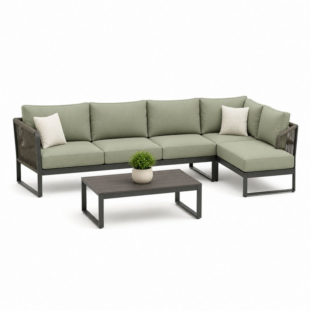Set divano angolare da giardino 4 posti verde salvia in alluminio e corda sintetica con tavolino 240 x 180 x 78 cm
